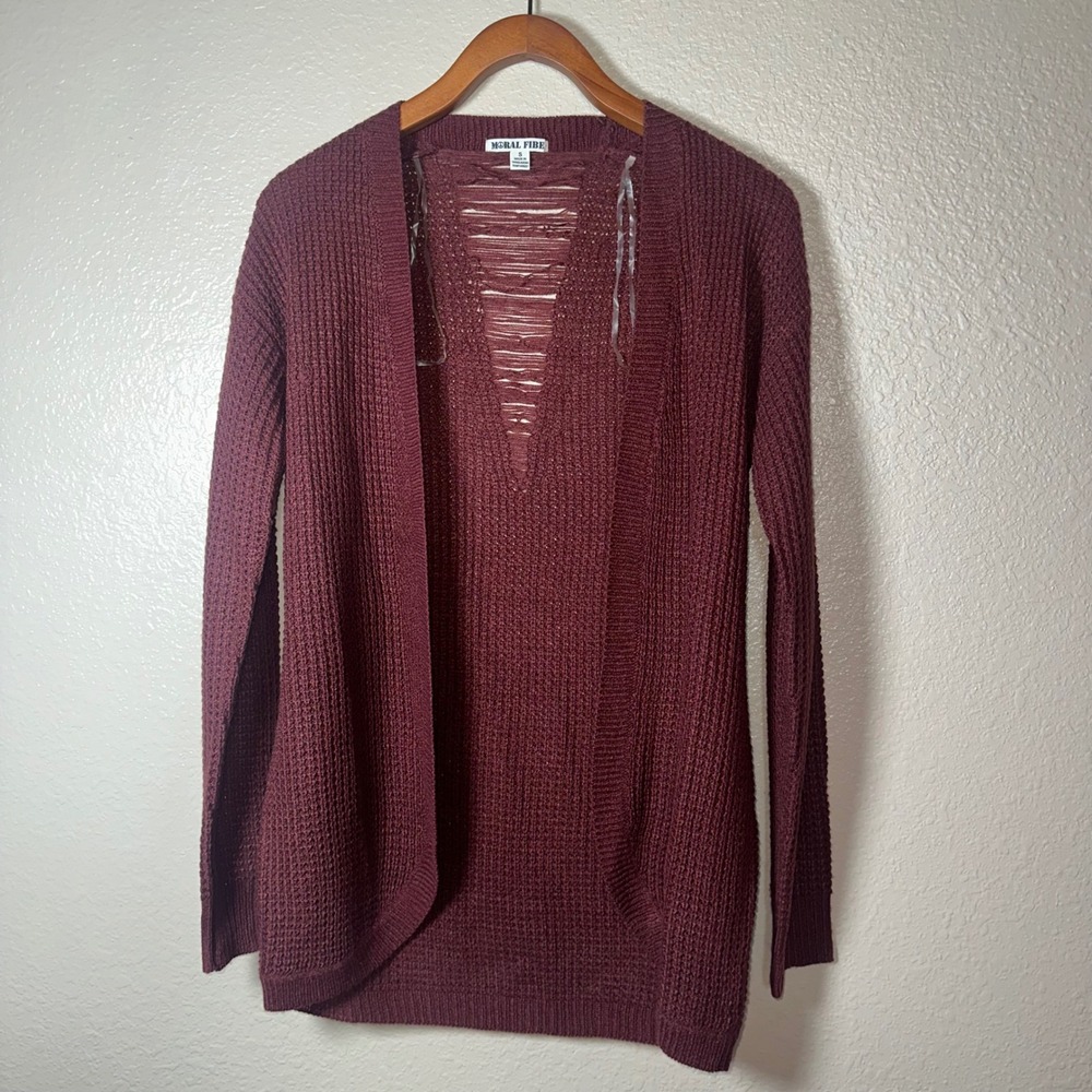 Moral Fiber Maroon Open‎ Knit Cardigan Sweater Small Long Sleeve Shredded Back